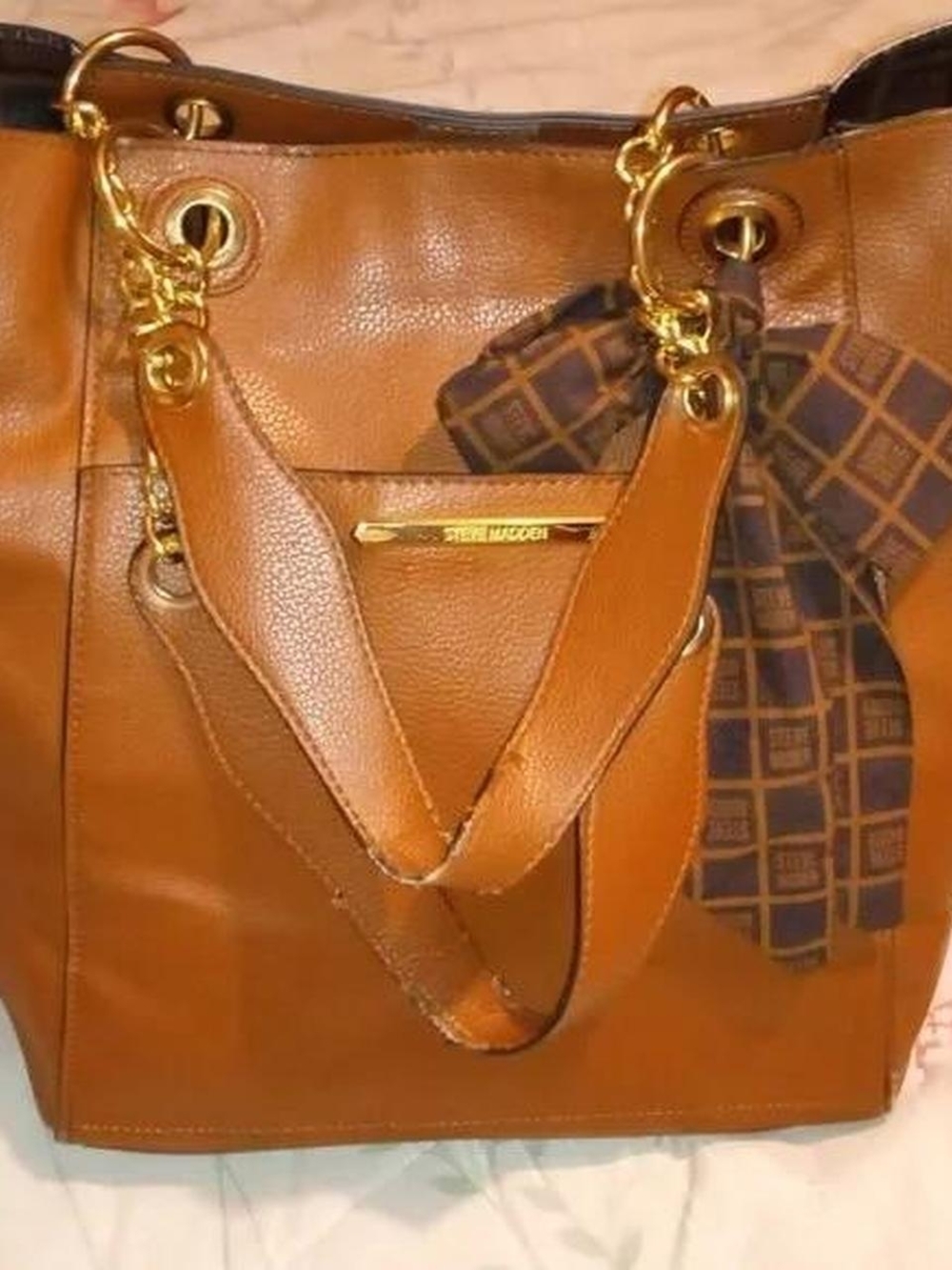 Steve Madden Cognac Leather Tote with Gold Accents